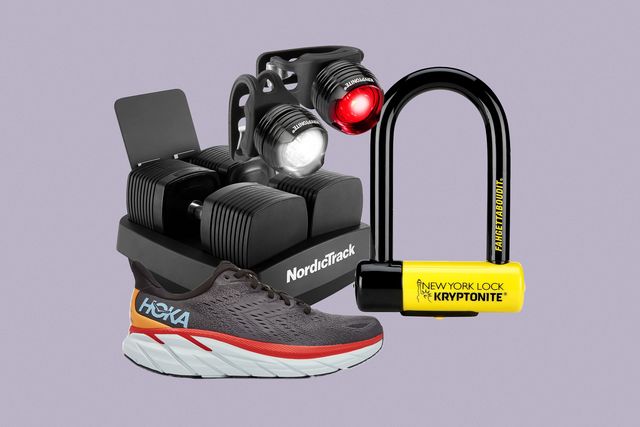collage of a bike lock, head lamps, shoe, and weights
