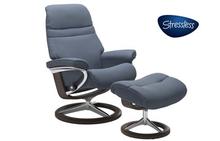 Sunrise Large Stressless Chair and Ottoman with Signature Base in Paloma Sparrow Blue